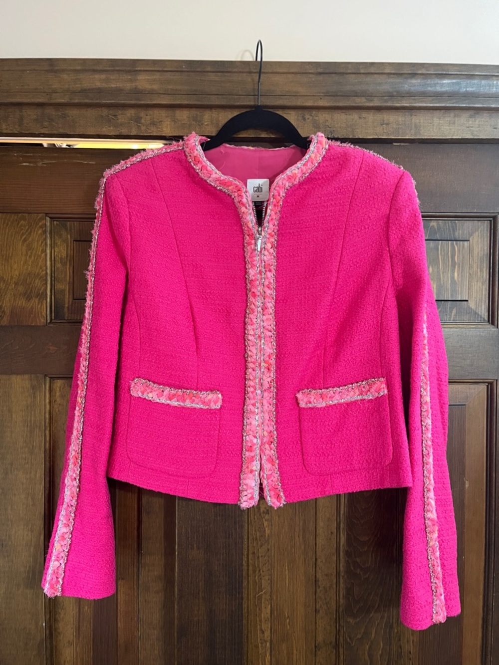 CAbi Pink Tweed Zip Jacket with Braided Trim